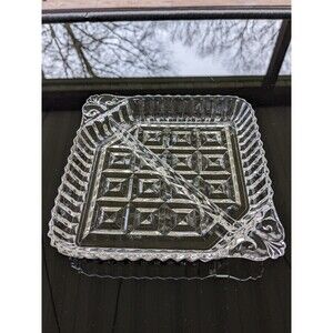 Vintage Glass 6.25" Divided Relish Dish Tray Diamond Cut Pattern Art Deco 1930s